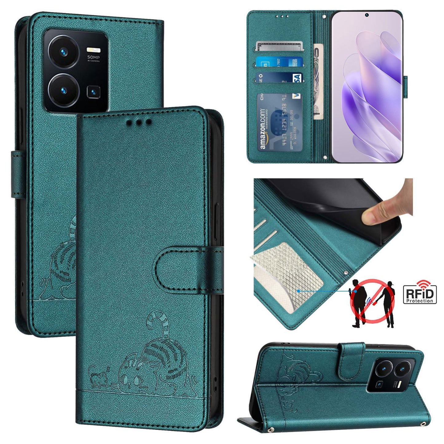 vivo Y22 4G Global Cat and Mouse Embossed PU Leather RFID Case with Wallet Slots, Anti-Fall Protection, Kickstand, and Lanyard-buycases.co.uk