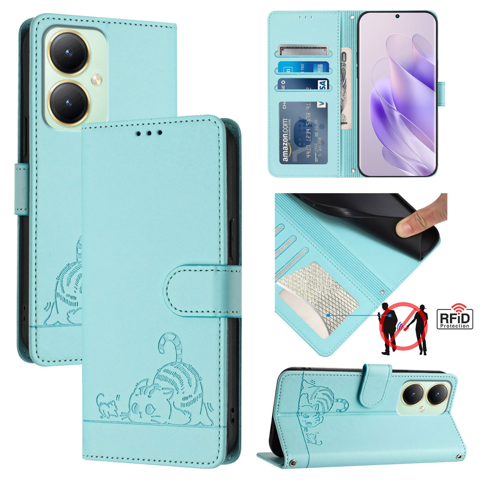 vivo Y27 4G 2023 Global Cat and Mouse Embossed PU Leather RFID Case with Wallet Slots, Anti-Fall Protection, Kickstand, and Lanyard-buycases.co.uk