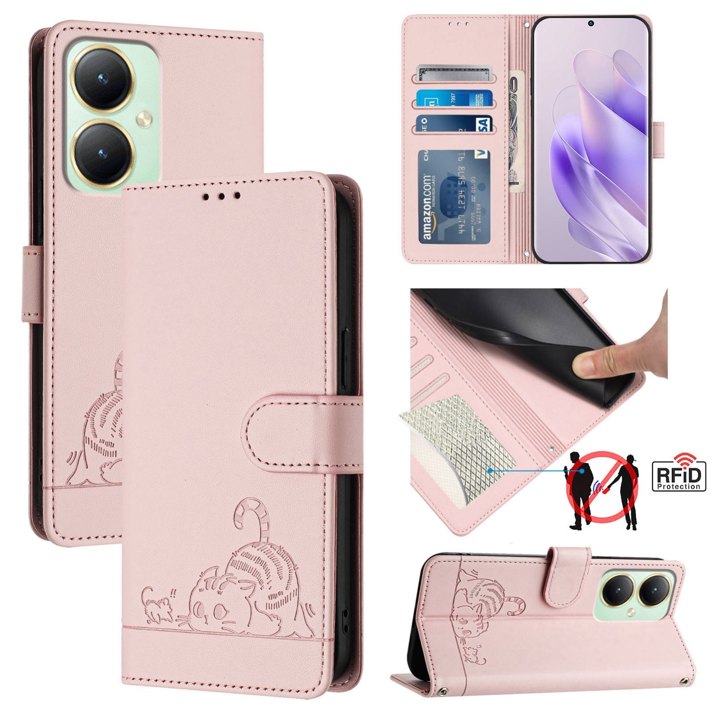 vivo Y27 4G 2023 Global Cat and Mouse Embossed PU Leather RFID Case with Wallet Slots, Anti-Fall Protection, Kickstand, and Lanyard-buycases.co.uk