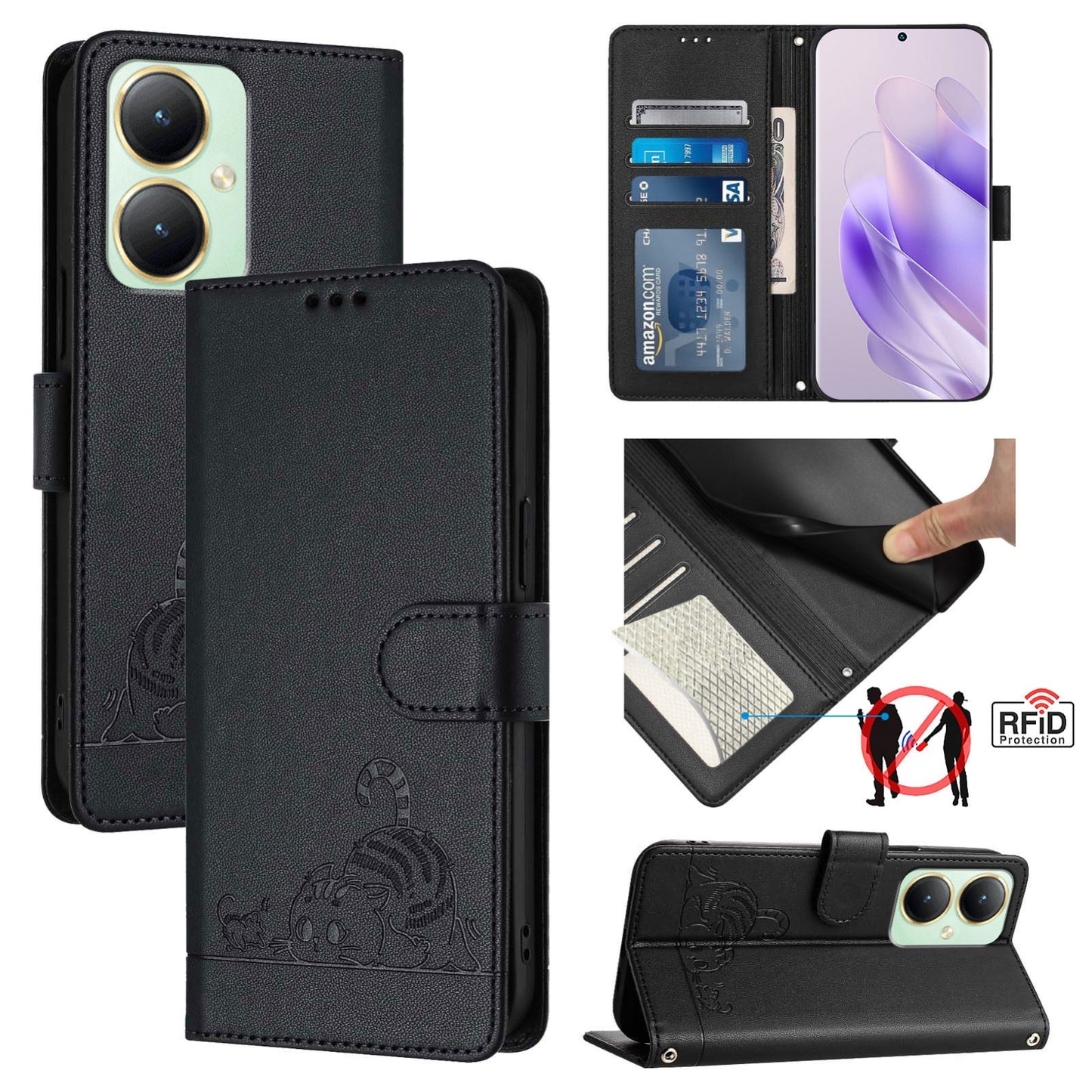 vivo Y27 4G 2023 Global Cat and Mouse Embossed PU Leather RFID Case with Wallet Slots, Anti-Fall Protection, Kickstand, and Lanyard-buycases.co.uk