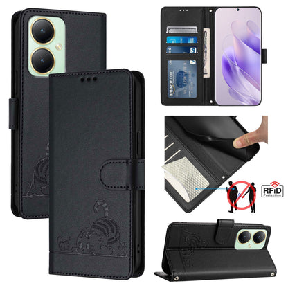 vivo Y27 4G 2023 Global Cat and Mouse Embossed PU Leather RFID Case with Wallet Slots, Anti-Fall Protection, Kickstand, and Lanyard-buycases.co.uk