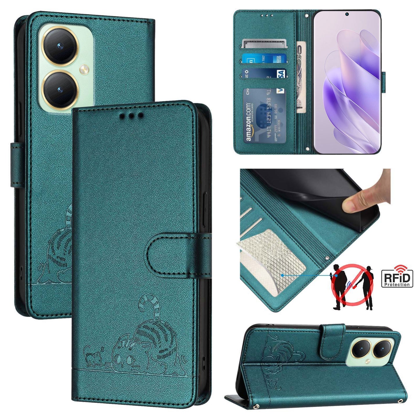 vivo Y27 4G 2023 Global Cat and Mouse Embossed PU Leather RFID Case with Wallet Slots, Anti-Fall Protection, Kickstand, and Lanyard-buycases.co.uk