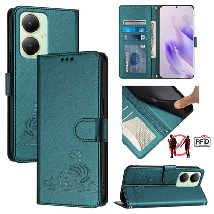 vivo Y27 4G 2023 Global Cat and Mouse Embossed PU Leather RFID Case with Wallet Slots, Anti-Fall Protection, Kickstand, and Lanyard-buycases.co.uk