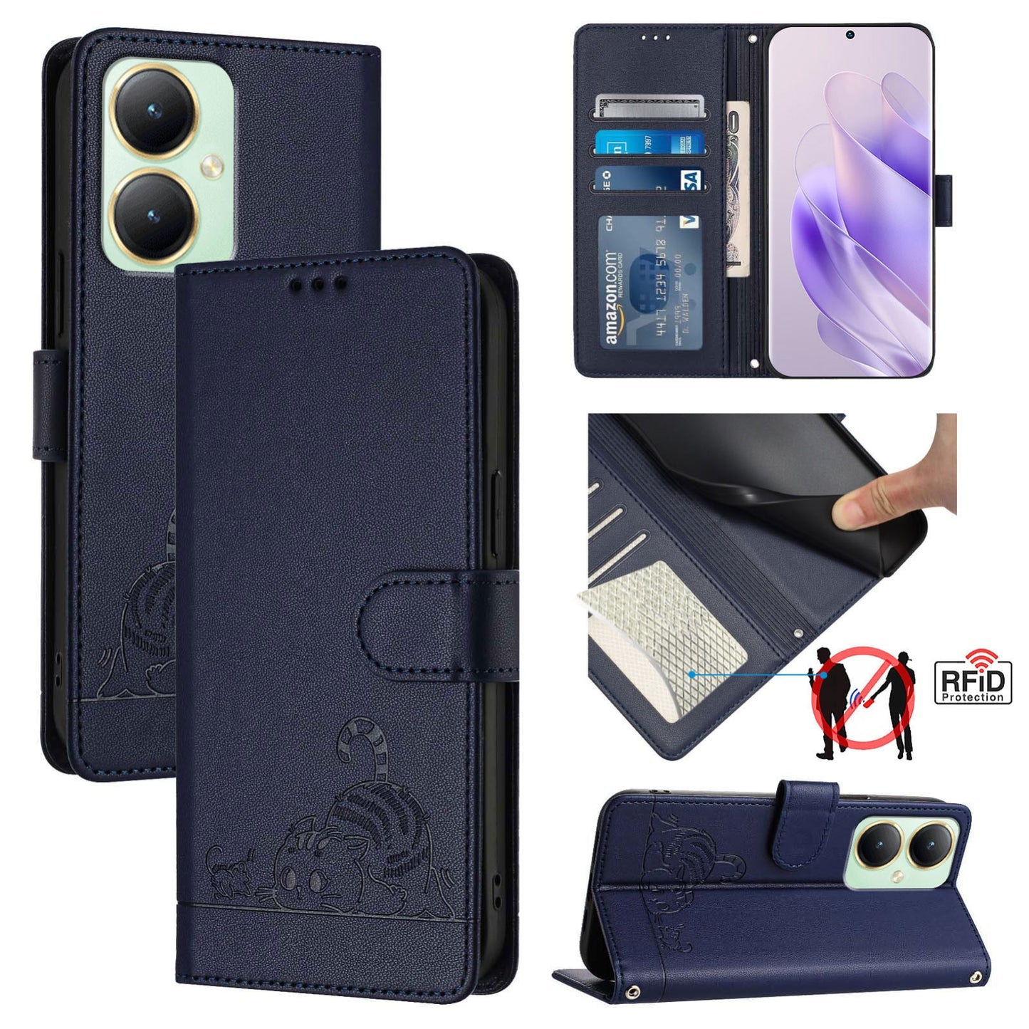 vivo Y27 4G 2023 Global Cat and Mouse Embossed PU Leather RFID Case with Wallet Slots, Anti-Fall Protection, Kickstand, and Lanyard-buycases.co.uk
