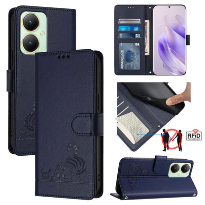 vivo Y27 4G 2023 Global Cat and Mouse Embossed PU Leather RFID Case with Wallet Slots, Anti-Fall Protection, Kickstand, and Lanyard-buycases.co.uk