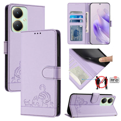 vivo Y27 4G 2023 Global Cat and Mouse Embossed PU Leather RFID Case with Wallet Slots, Anti-Fall Protection, Kickstand, and Lanyard-buycases.co.uk