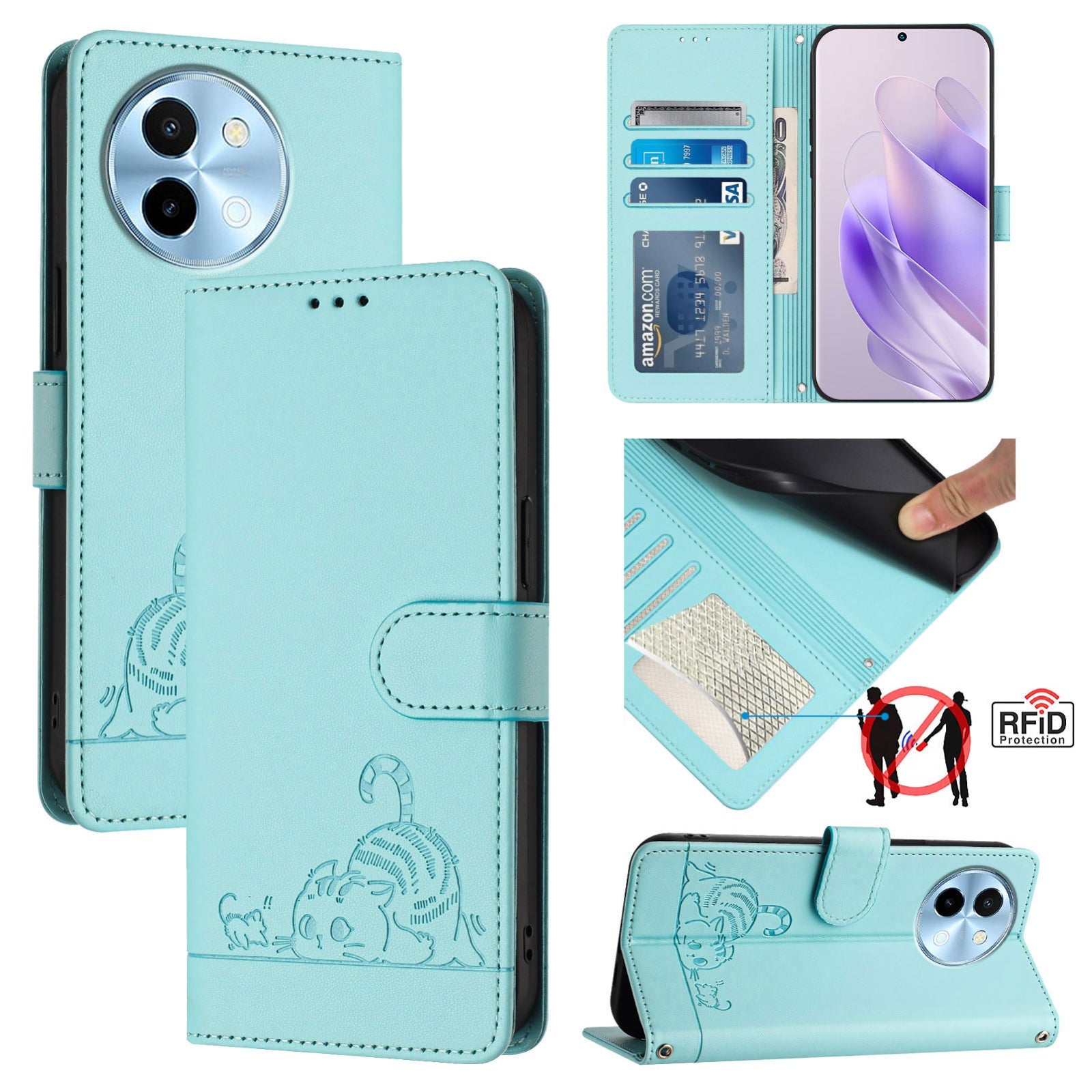 vivo Y38 5G Cat and Mouse Embossed PU Leather RFID Case with Wallet Slots, Anti-Fall Protection, Kickstand, and Lanyard-buycases.co.uk
