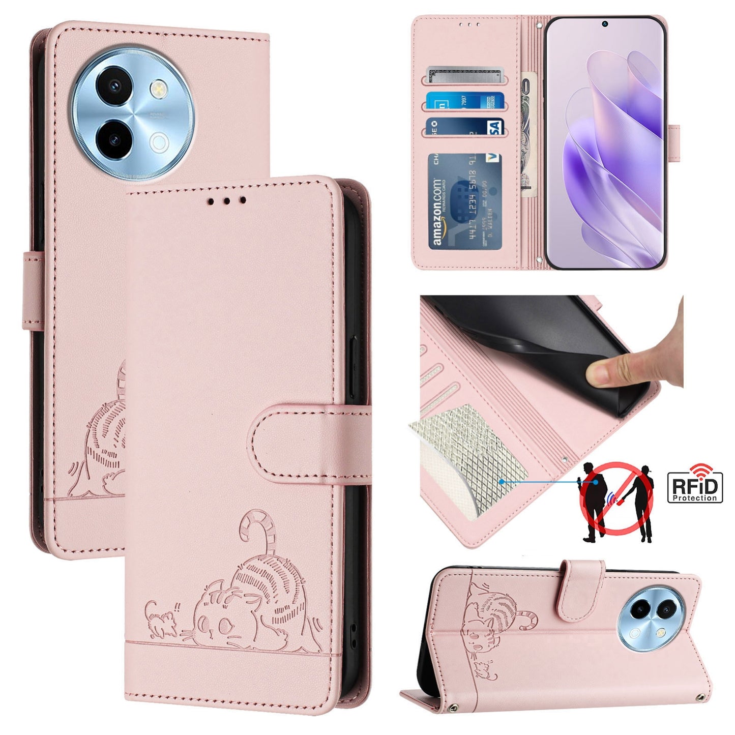 vivo Y38 5G Cat and Mouse Embossed PU Leather RFID Case with Wallet Slots, Anti-Fall Protection, Kickstand, and Lanyard-buycases.co.uk