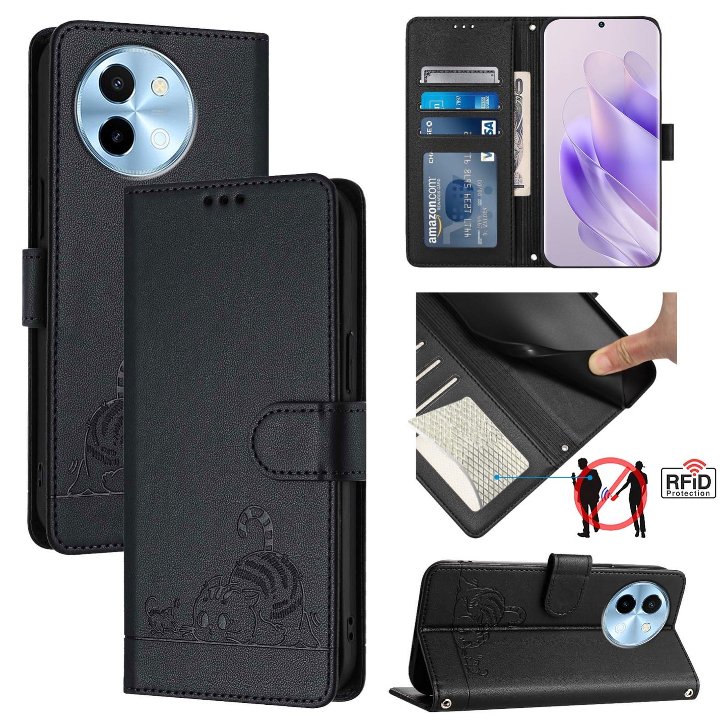 vivo Y38 5G Cat and Mouse Embossed PU Leather RFID Case with Wallet Slots, Anti-Fall Protection, Kickstand, and Lanyard-buycases.co.uk
