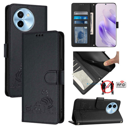 vivo Y38 5G Cat and Mouse Embossed PU Leather RFID Case with Wallet Slots, Anti-Fall Protection, Kickstand, and Lanyard-buycases.co.uk