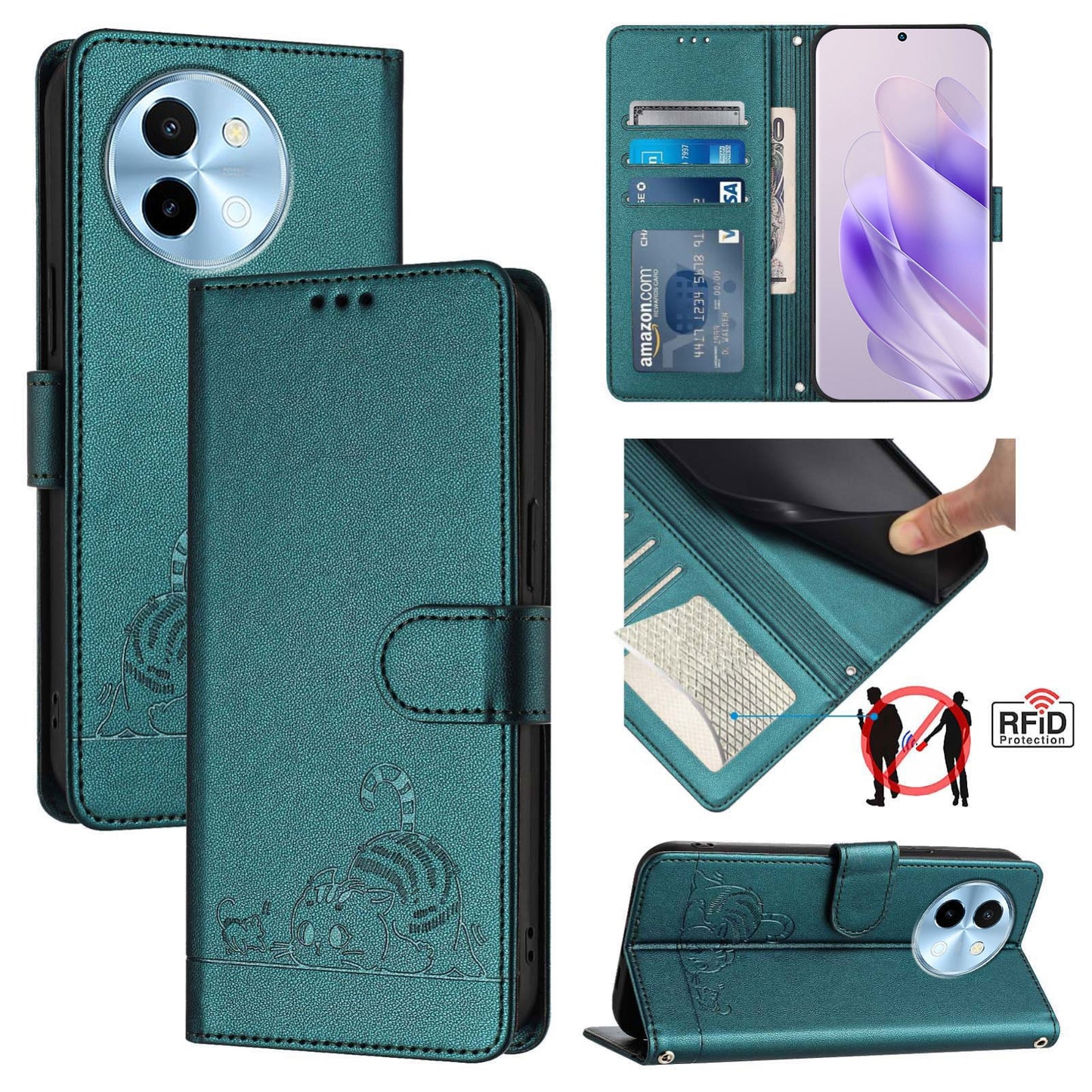 vivo Y38 5G Cat and Mouse Embossed PU Leather RFID Case with Wallet Slots, Anti-Fall Protection, Kickstand, and Lanyard-buycases.co.uk