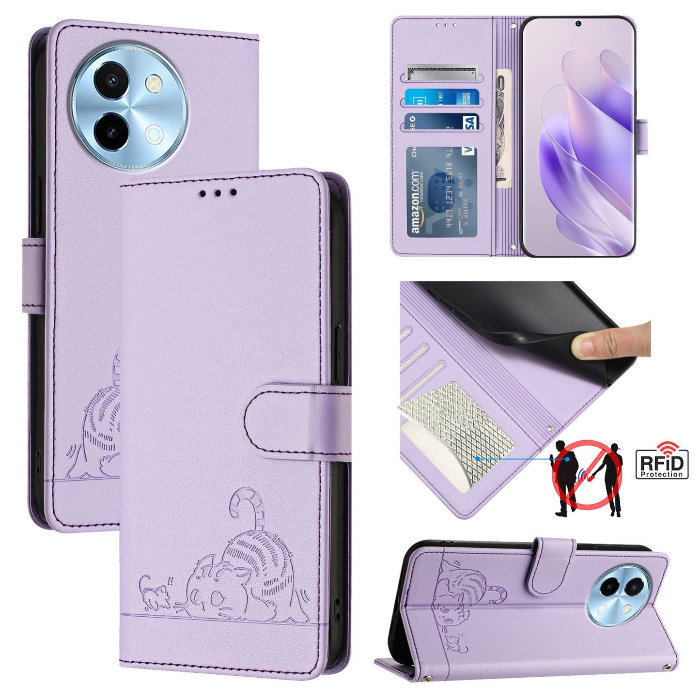 vivo Y38 5G Cat and Mouse Embossed PU Leather RFID Case with Wallet Slots, Anti-Fall Protection, Kickstand, and Lanyard-buycases.co.uk