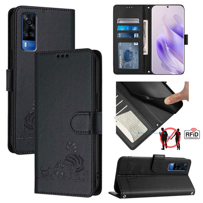vivo Y31 4G 2021 India Cat and Mouse Embossed PU Leather RFID Case with Wallet Slots, Anti-Fall Protection, Kickstand, and Lanyard-buycases.co.uk