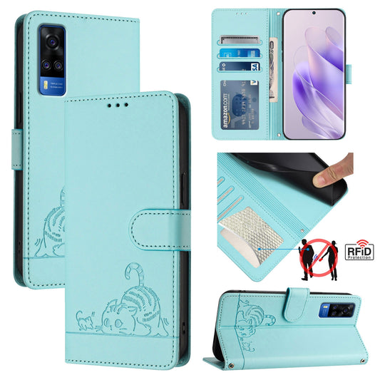 vivo Y51A 2021 Cat and Mouse Embossed PU Leather RFID Case with Wallet Slots, Anti-Fall Protection, Kickstand, and Lanyard-buycases.co.uk
