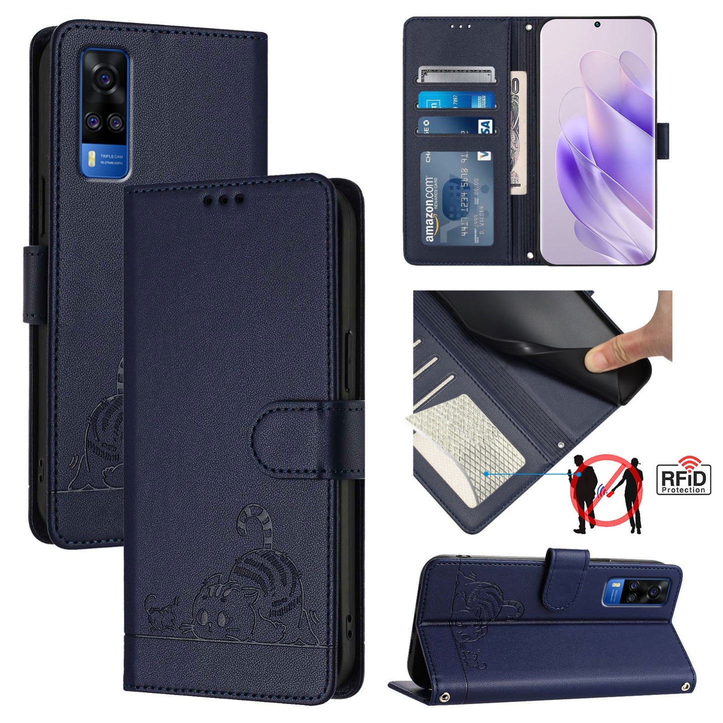 vivo Y53S 4G Cat and Mouse Embossed PU Leather RFID Case with Wallet Slots, Anti-Fall Protection, Kickstand, and Lanyard-buycases.co.uk