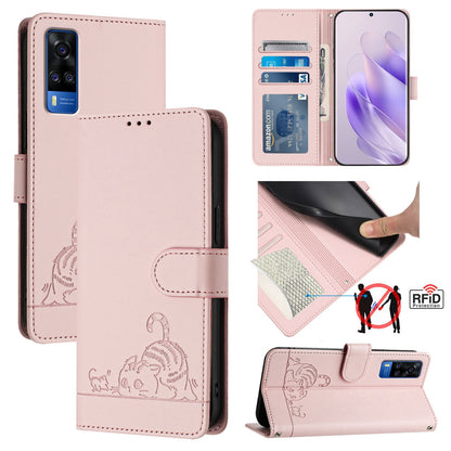 vivo Y33 4G 2021 Cat and Mouse Embossed PU Leather RFID Case with Wallet Slots, Anti-Fall Protection, Kickstand, and Lanyard-buycases.co.uk