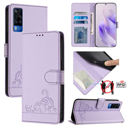 vivo Y33 4G 2021 Cat and Mouse Embossed PU Leather RFID Case with Wallet Slots, Anti-Fall Protection, Kickstand, and Lanyard-buycases.co.uk