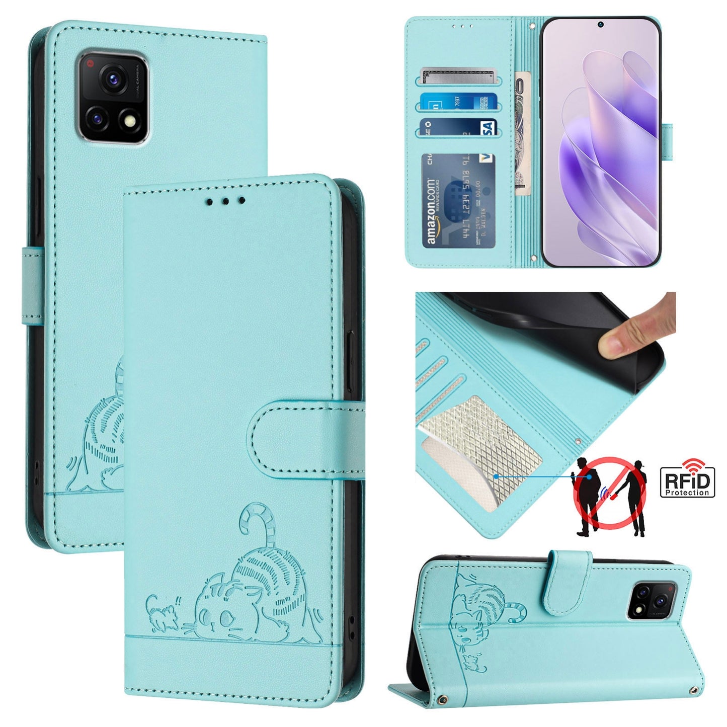vivo iQOO U3 Cat and Mouse Embossed PU Leather RFID Case with Wallet Slots, Anti-Fall Protection, Kickstand, and Lanyard-buycases.co.uk