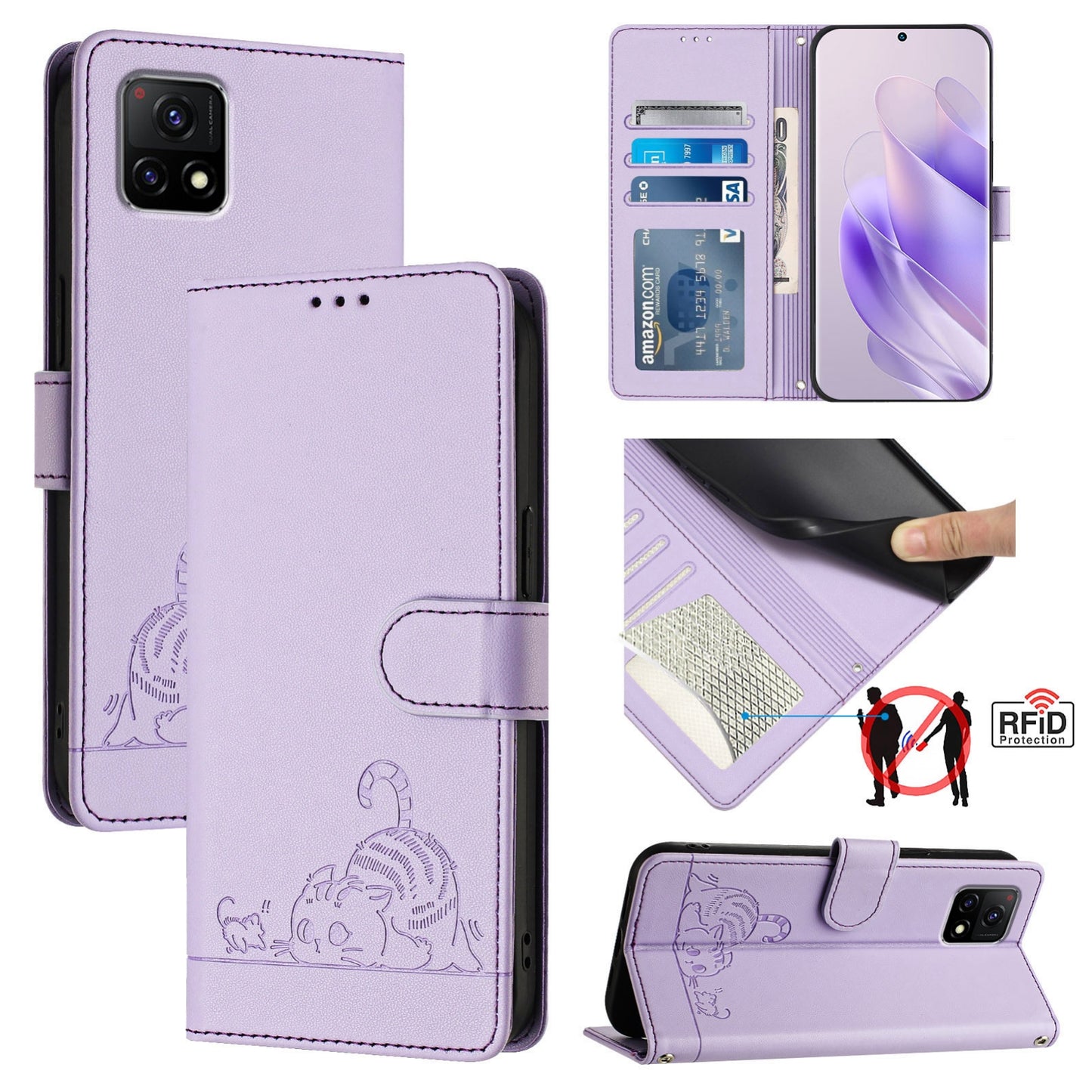 vivo iQOO U3 Cat and Mouse Embossed PU Leather RFID Case with Wallet Slots, Anti-Fall Protection, Kickstand, and Lanyard-buycases.co.uk