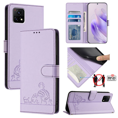 vivo Y72 5G India Cat and Mouse Embossed PU Leather RFID Case with Wallet Slots, Anti-Fall Protection, Kickstand, and Lanyard-buycases.co.uk