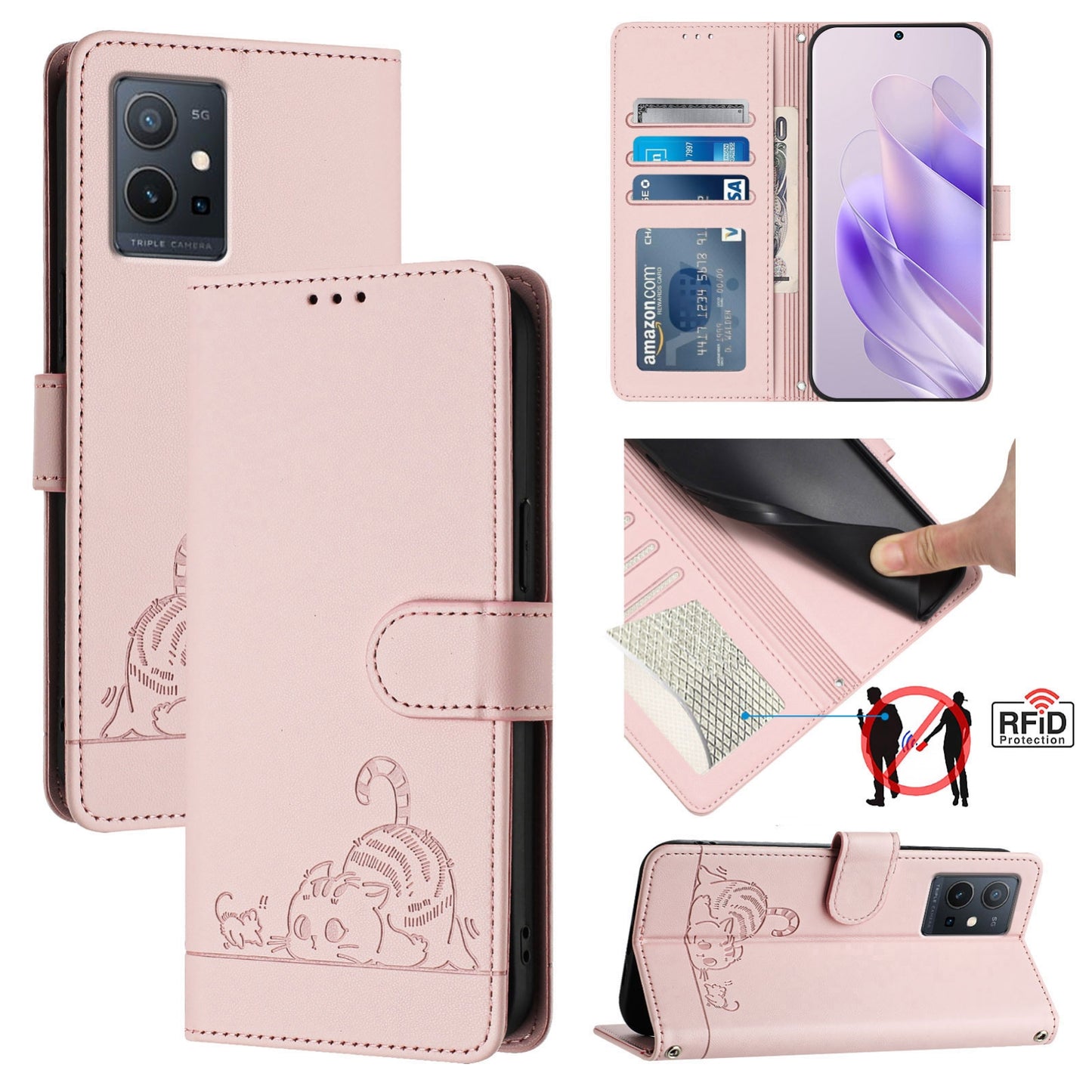 vivo Y30 5G Cat and Mouse Embossed PU Leather RFID Case with Wallet Slots, Anti-Fall Protection, Kickstand, and Lanyard-buycases.co.uk