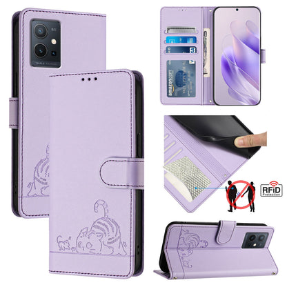 vivo Y30 5G Cat and Mouse Embossed PU Leather RFID Case with Wallet Slots, Anti-Fall Protection, Kickstand, and Lanyard-buycases.co.uk