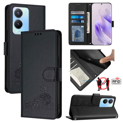 vivo Y56 5G Global Cat and Mouse Embossed PU Leather RFID Case with Wallet Slots, Anti-Fall Protection, Kickstand, and Lanyard-buycases.co.uk