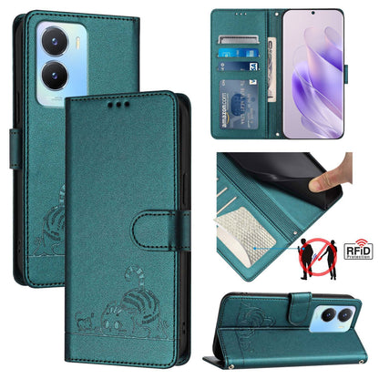 vivo Y56 5G Global Cat and Mouse Embossed PU Leather RFID Case with Wallet Slots, Anti-Fall Protection, Kickstand, and Lanyard-buycases.co.uk