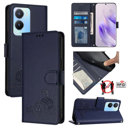 vivo Y56 5G Global Cat and Mouse Embossed PU Leather RFID Case with Wallet Slots, Anti-Fall Protection, Kickstand, and Lanyard-buycases.co.uk