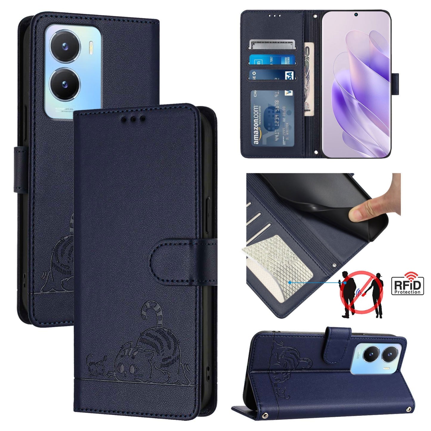 vivo Y16 4G Global Cat and Mouse Embossed PU Leather RFID Case with Wallet Slots, Anti-Fall Protection, Kickstand, and Lanyard-buycases.co.uk