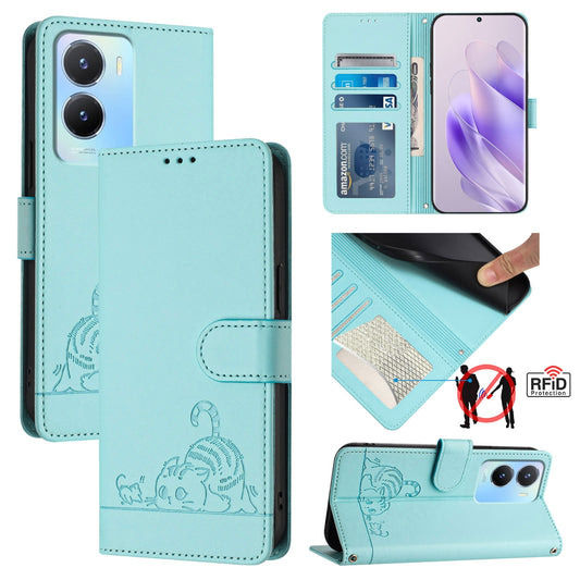 vivo Y02S 4G Global Cat and Mouse Embossed PU Leather RFID Case with Wallet Slots, Anti-Fall Protection, Kickstand, and Lanyard-buycases.co.uk