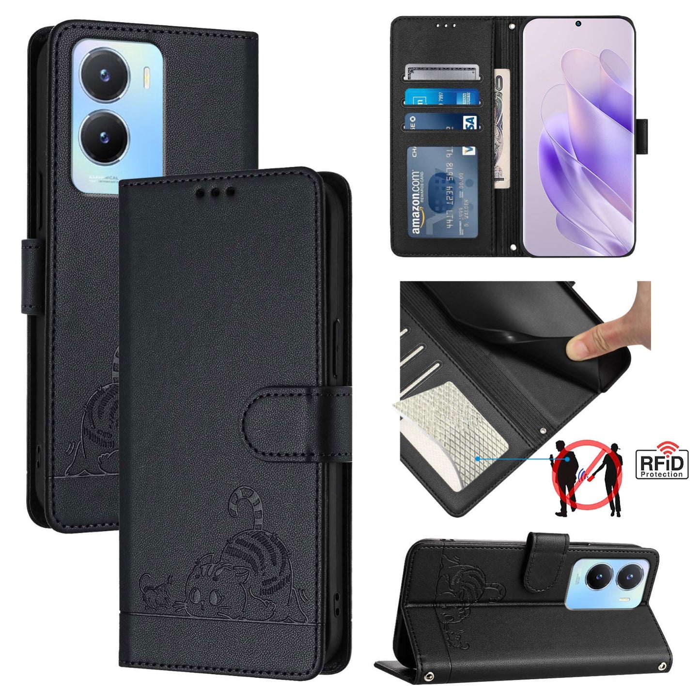 vivo Y02S 4G Global Cat and Mouse Embossed PU Leather RFID Case with Wallet Slots, Anti-Fall Protection, Kickstand, and Lanyard-buycases.co.uk