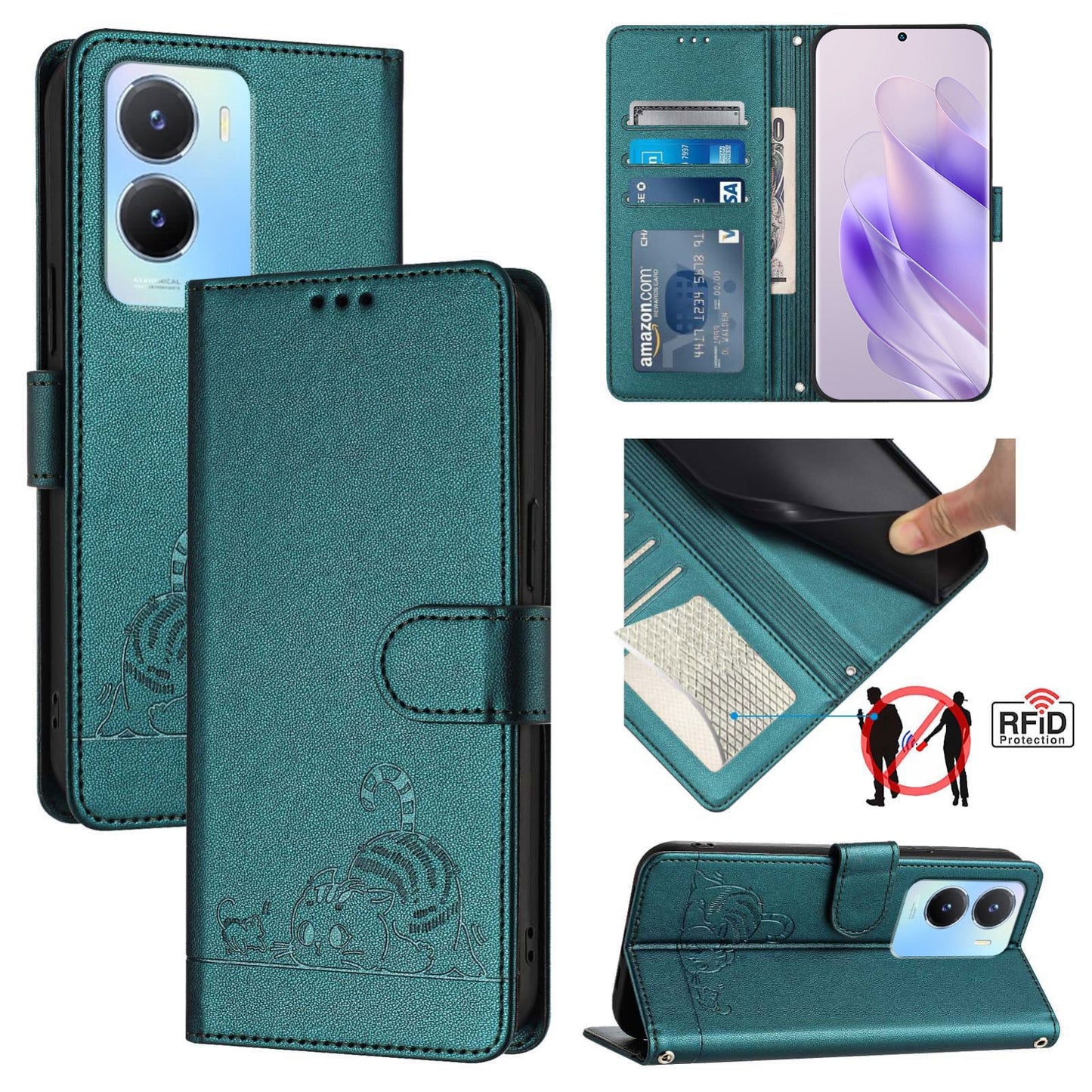 vivo Y02S 4G Global Cat and Mouse Embossed PU Leather RFID Case with Wallet Slots, Anti-Fall Protection, Kickstand, and Lanyard-buycases.co.uk