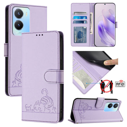 vivo Y02S 4G Global Cat and Mouse Embossed PU Leather RFID Case with Wallet Slots, Anti-Fall Protection, Kickstand, and Lanyard-buycases.co.uk