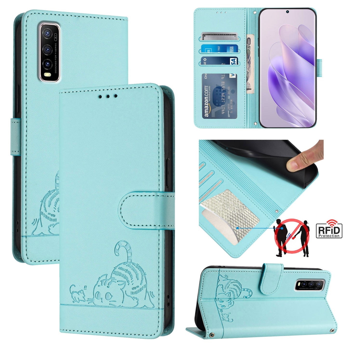 vivo Y70S Cat and Mouse Embossed PU Leather RFID Case with Wallet Slots, Anti-Fall Protection, Kickstand, and Lanyard-buycases.co.uk