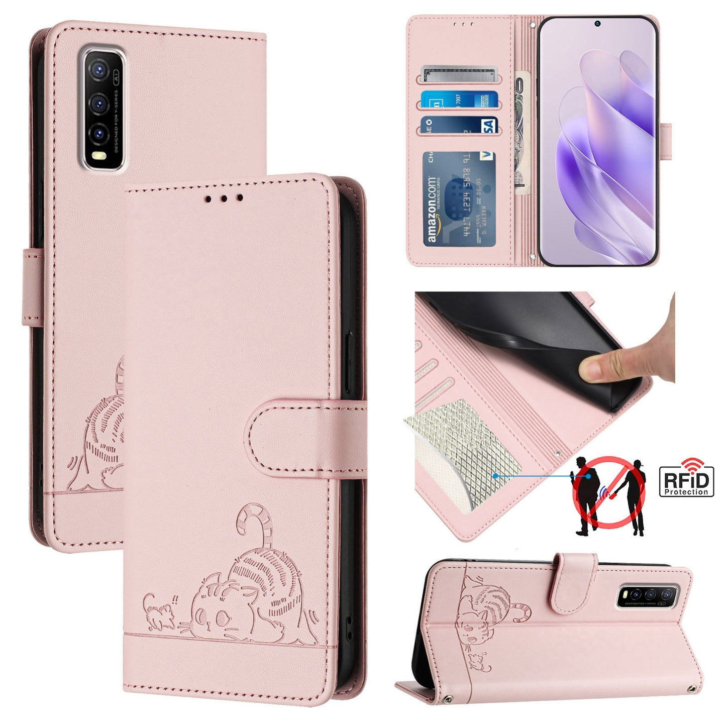vivo Y70S Cat and Mouse Embossed PU Leather RFID Case with Wallet Slots, Anti-Fall Protection, Kickstand, and Lanyard-buycases.co.uk
