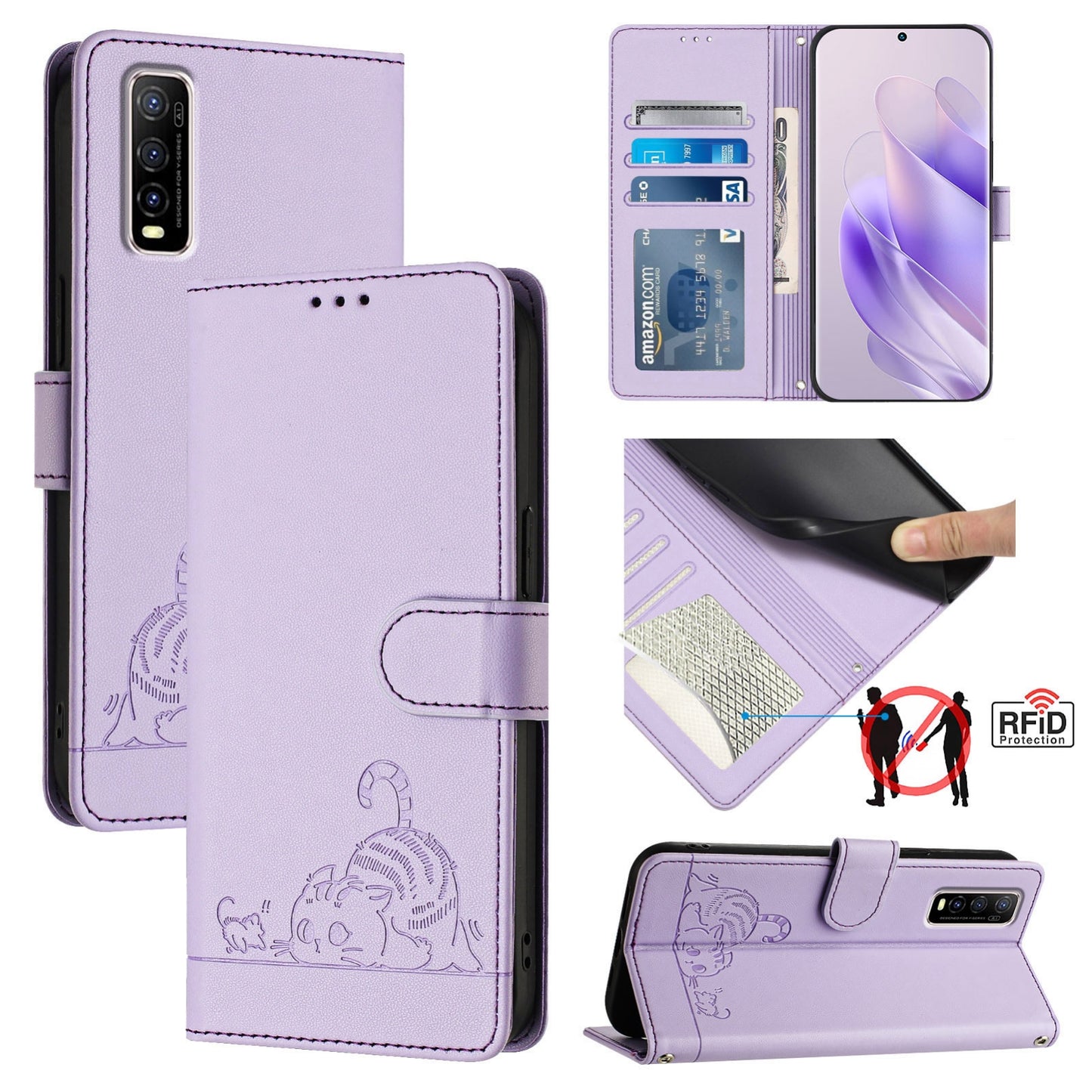 vivo Y70S Cat and Mouse Embossed PU Leather RFID Case with Wallet Slots, Anti-Fall Protection, Kickstand, and Lanyard-buycases.co.uk