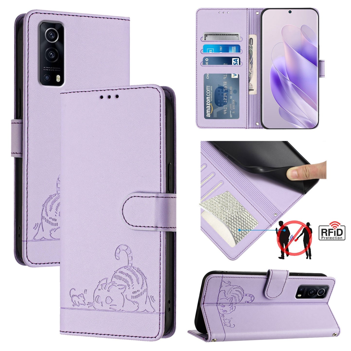 vivo iQOO Z3 Cat and Mouse Embossed PU Leather RFID Case with Wallet Slots, Anti-Fall Protection, Kickstand, and Lanyard-buycases.co.uk