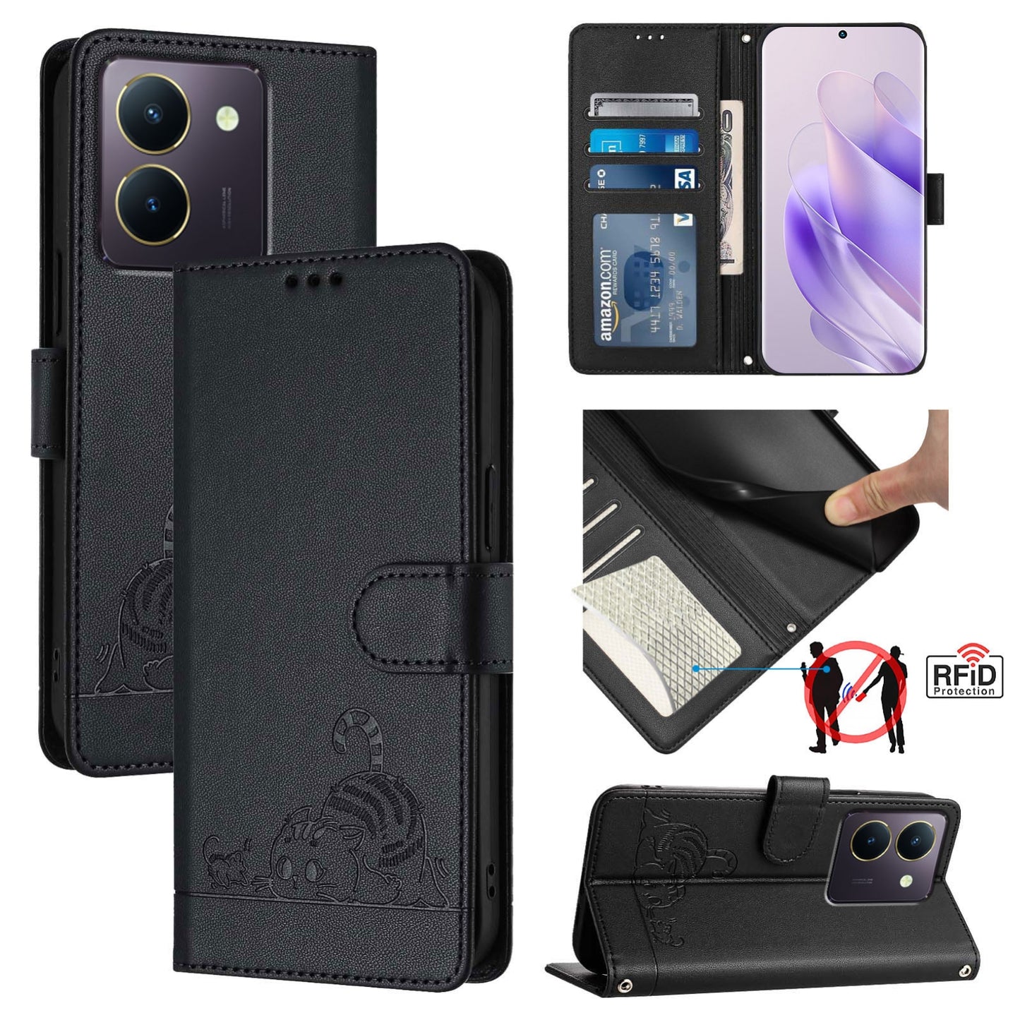 vivo Y36 5G Global Cat and Mouse Embossed PU Leather RFID Case with Wallet Slots, Anti-Fall Protection, Kickstand, and Lanyard-buycases.co.uk