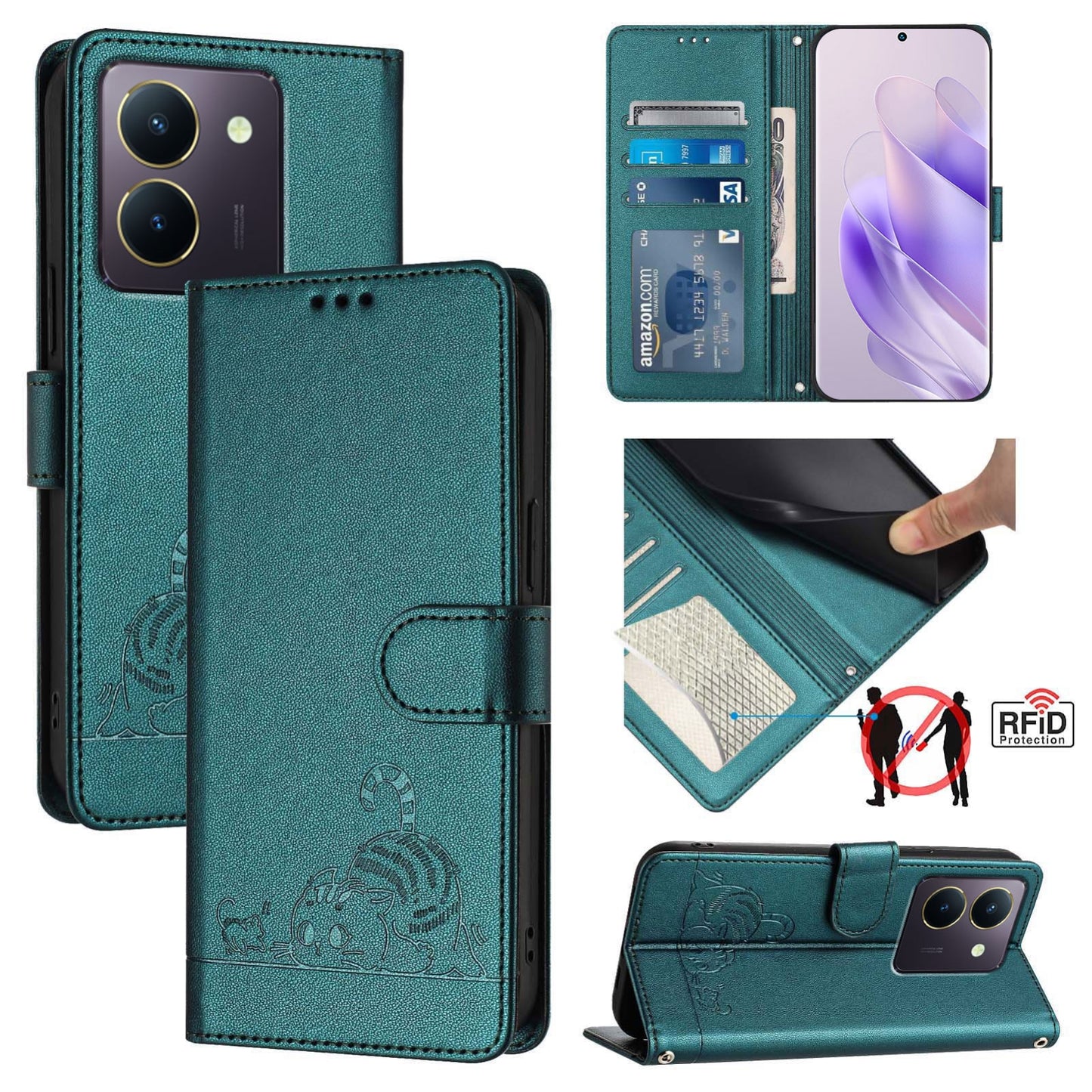 vivo Y36 5G Global Cat and Mouse Embossed PU Leather RFID Case with Wallet Slots, Anti-Fall Protection, Kickstand, and Lanyard-buycases.co.uk