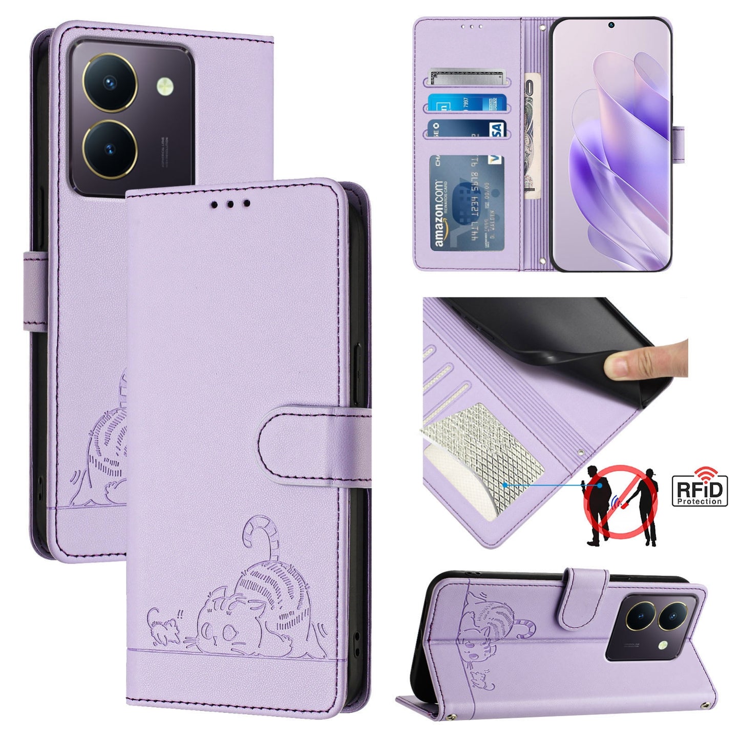 vivo Y36 5G Global Cat and Mouse Embossed PU Leather RFID Case with Wallet Slots, Anti-Fall Protection, Kickstand, and Lanyard-buycases.co.uk