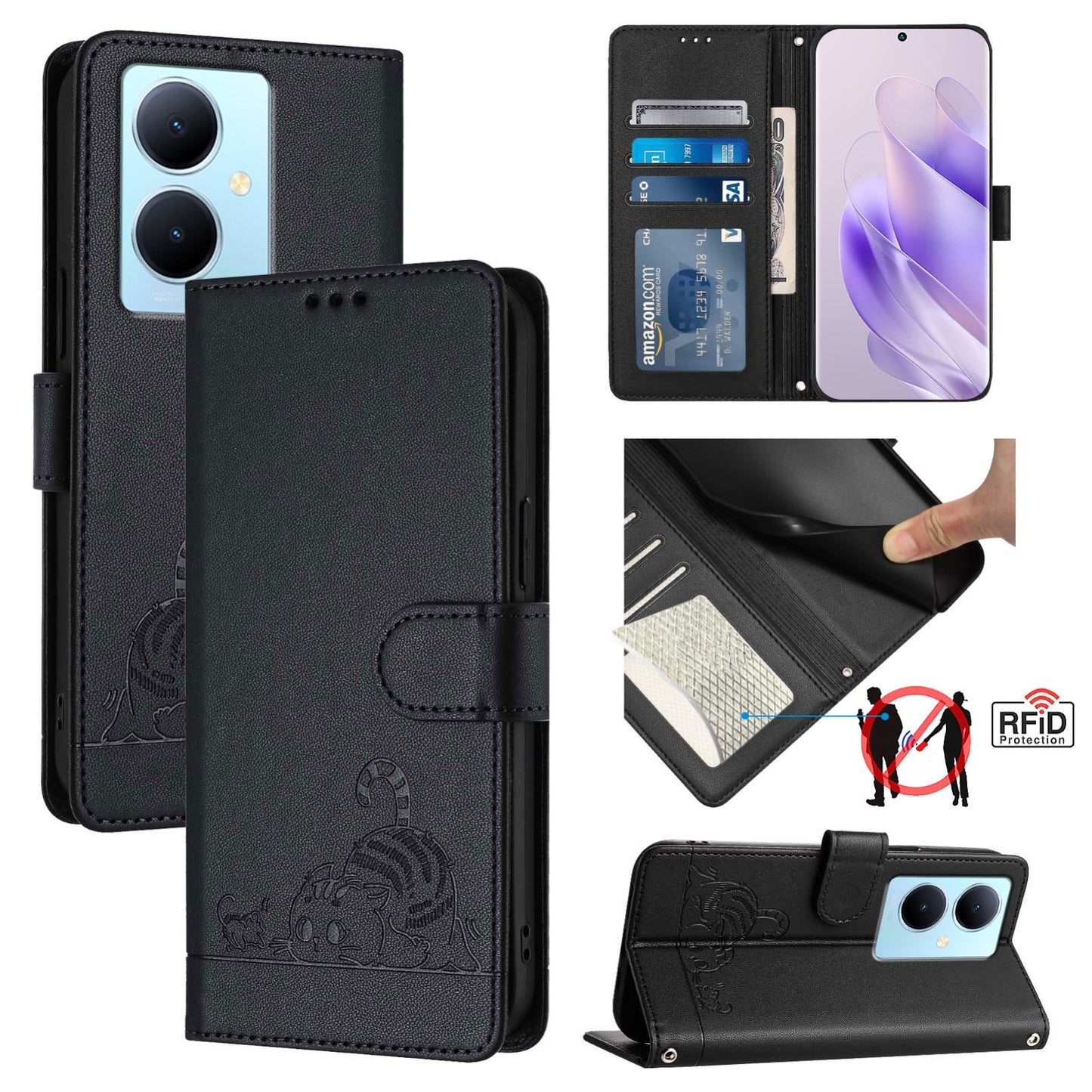 vivo Y78+ 5G Global Cat and Mouse Embossed PU Leather RFID Case with Wallet Slots, Anti-Fall Protection, Kickstand, and Lanyard-buycases.co.uk