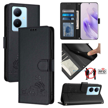 vivo Y78+ 5G Global Cat and Mouse Embossed PU Leather RFID Case with Wallet Slots, Anti-Fall Protection, Kickstand, and Lanyard-buycases.co.uk