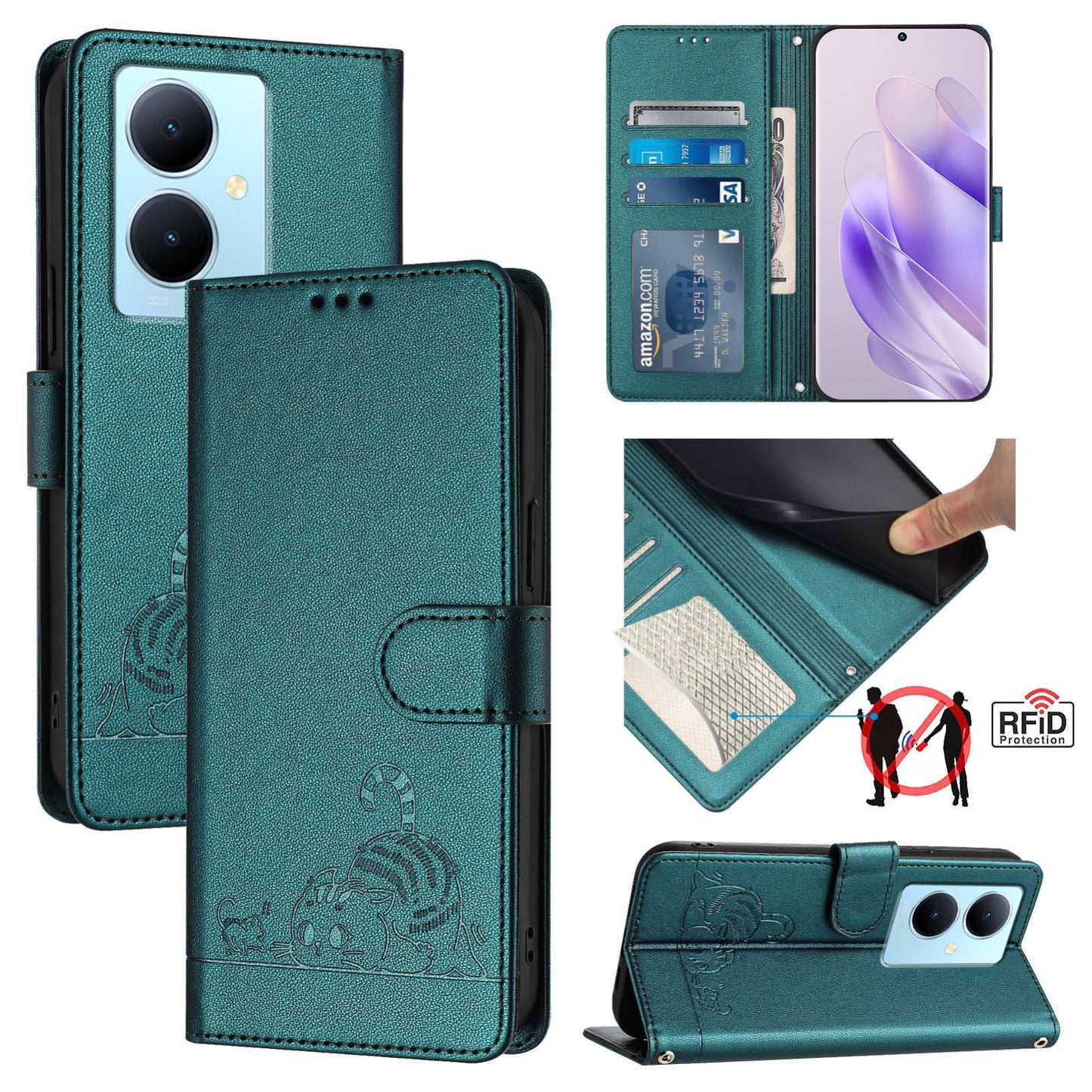 vivo Y78+ 5G Global Cat and Mouse Embossed PU Leather RFID Case with Wallet Slots, Anti-Fall Protection, Kickstand, and Lanyard-buycases.co.uk