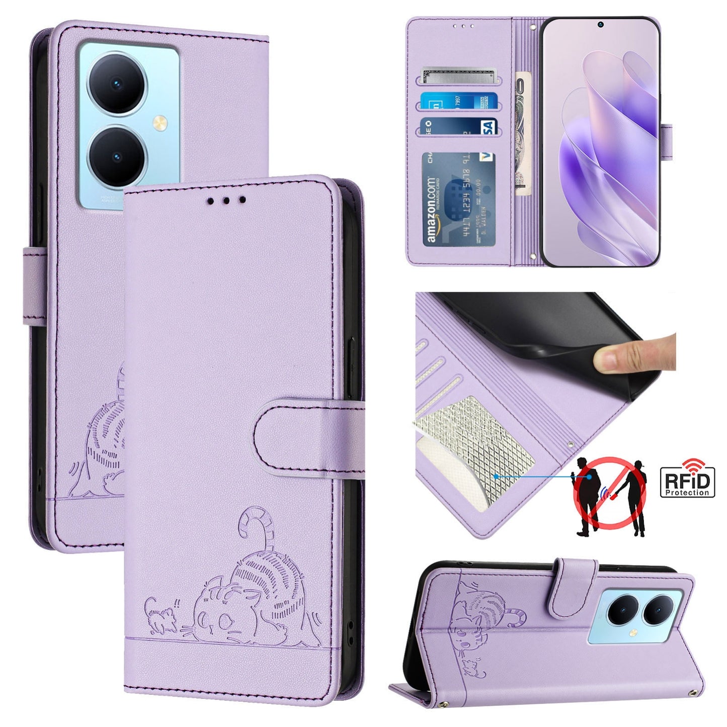 vivo Y78+ 5G Global Cat and Mouse Embossed PU Leather RFID Case with Wallet Slots, Anti-Fall Protection, Kickstand, and Lanyard-buycases.co.uk