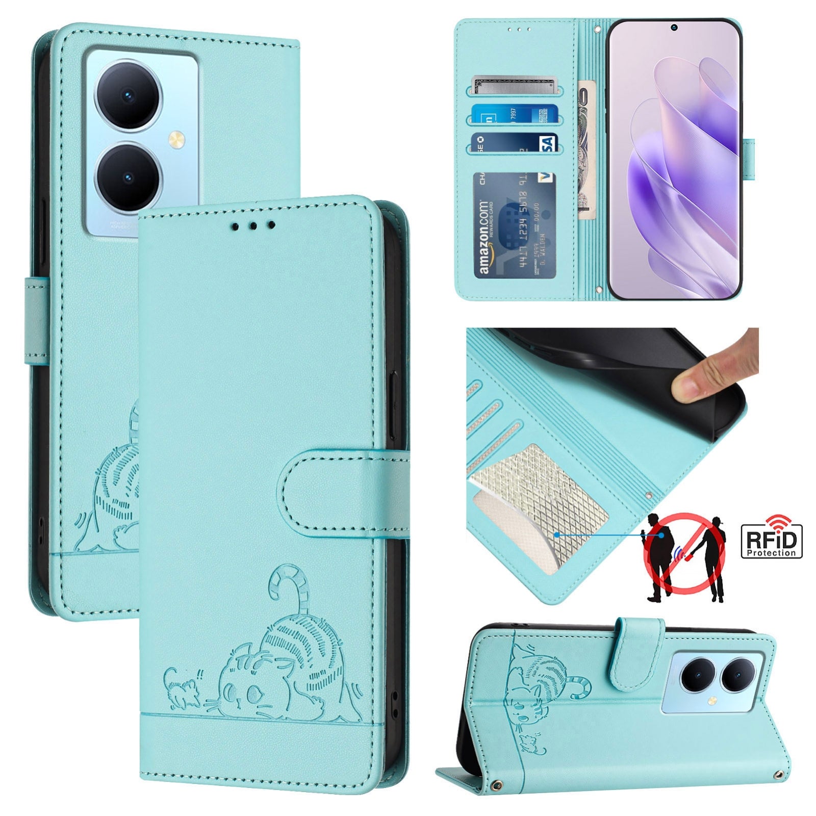 vivo V29 Lite Cat and Mouse Embossed PU Leather RFID Case with Wallet Slots, Anti-Fall Protection, Kickstand, and Lanyard-buycases.co.uk