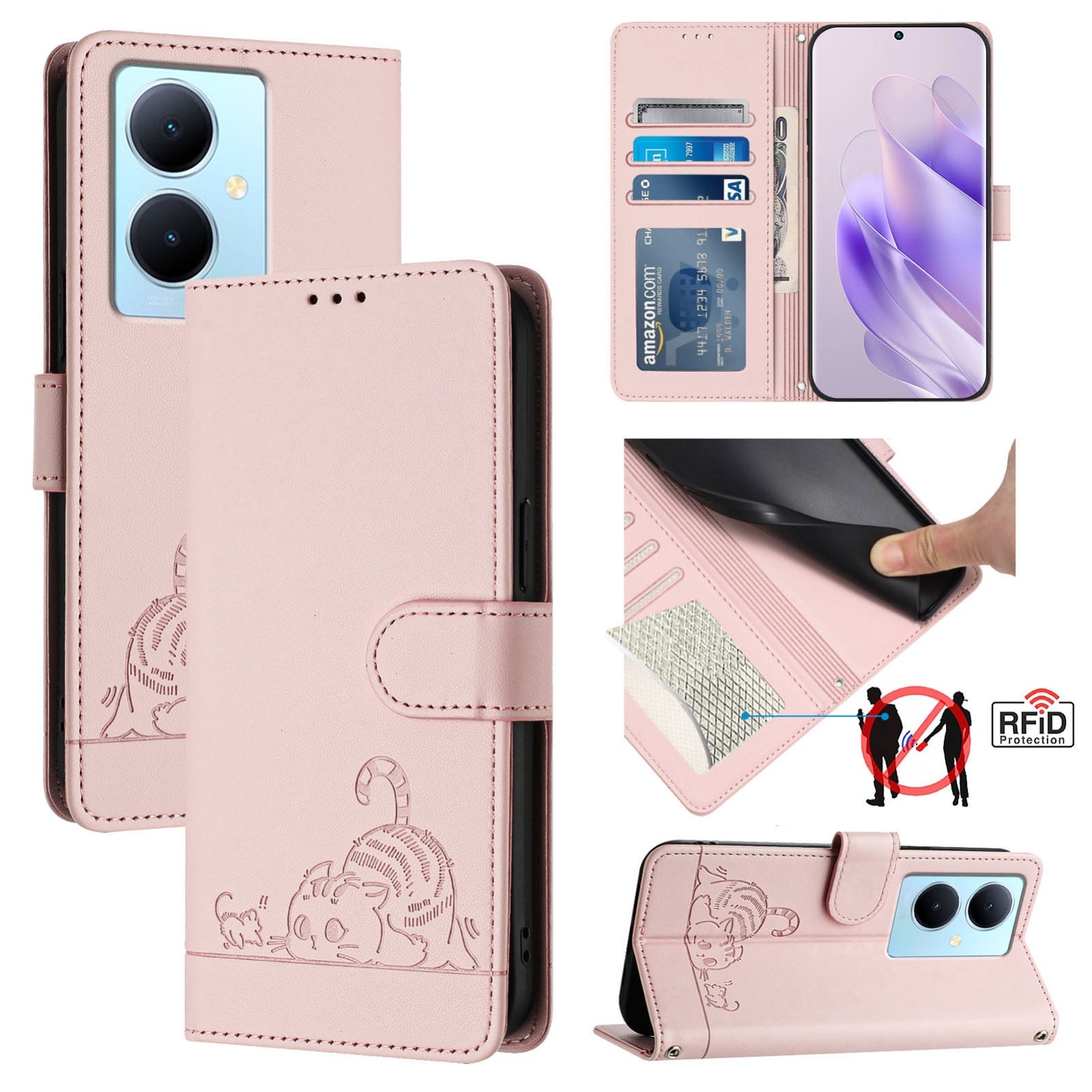 vivo V29 Lite Cat and Mouse Embossed PU Leather RFID Case with Wallet Slots, Anti-Fall Protection, Kickstand, and Lanyard-buycases.co.uk