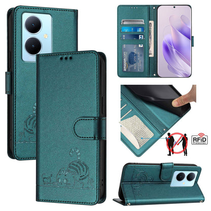 vivo V29 Lite Cat and Mouse Embossed PU Leather RFID Case with Wallet Slots, Anti-Fall Protection, Kickstand, and Lanyard-buycases.co.uk