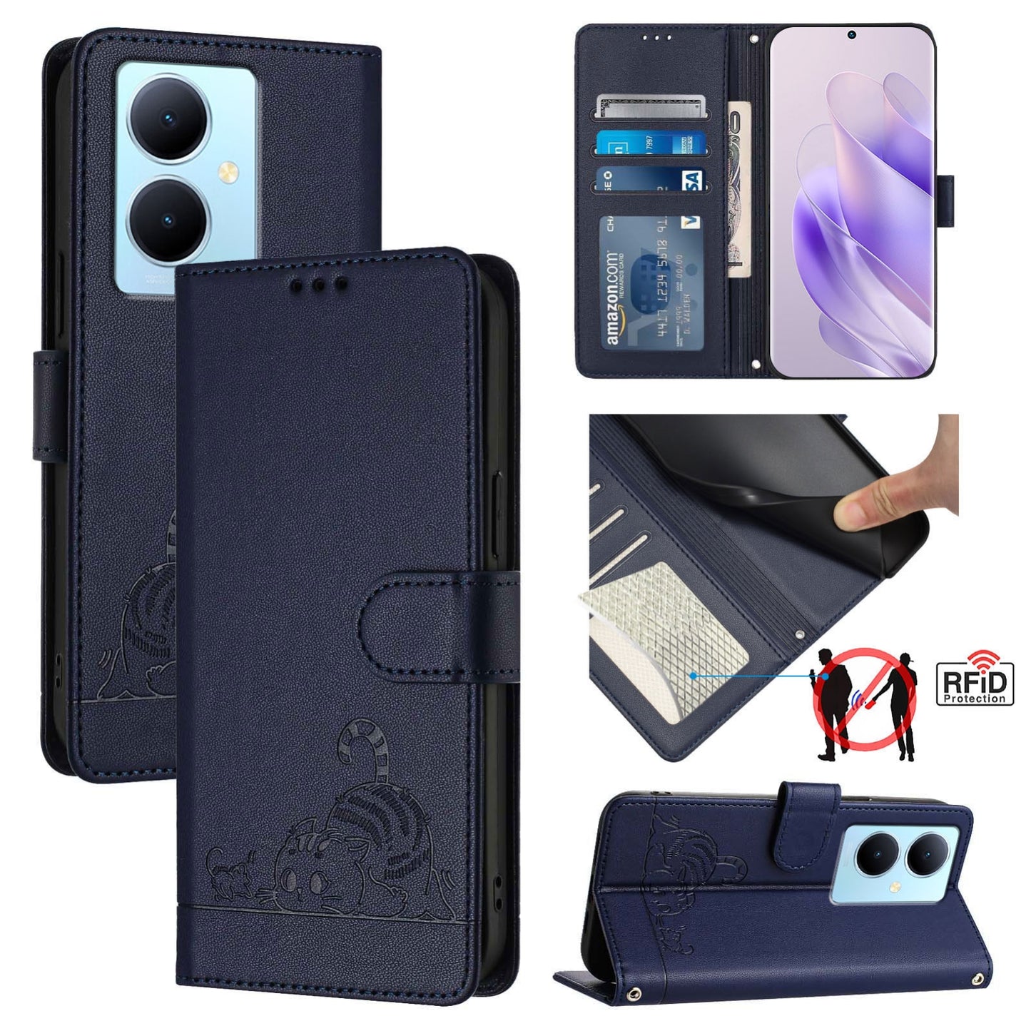 vivo V29 Lite Cat and Mouse Embossed PU Leather RFID Case with Wallet Slots, Anti-Fall Protection, Kickstand, and Lanyard-buycases.co.uk