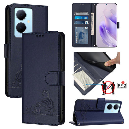 vivo V29 Lite Cat and Mouse Embossed PU Leather RFID Case with Wallet Slots, Anti-Fall Protection, Kickstand, and Lanyard-buycases.co.uk